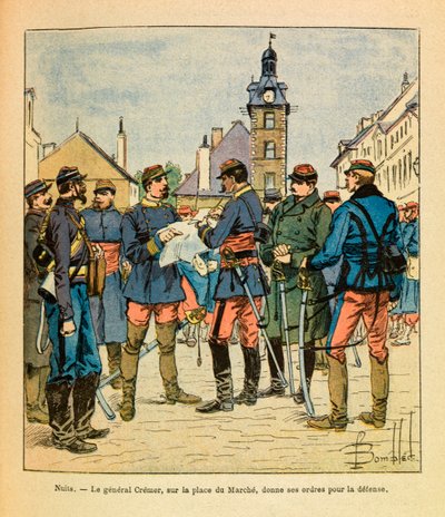 Východní armáda Eugena Sergeanta, známá jako Grenest, ilustrovaná Louisem Bombledem (1862-1927) (francouzsko-německá válka; tažení v letech 1870-1871): Bitva u Nuits Saint Georges; generál Cremer na náměstí Marche vydává rozkazy k obraně, prosinec 1870, Pr od Louis Charles Bombled