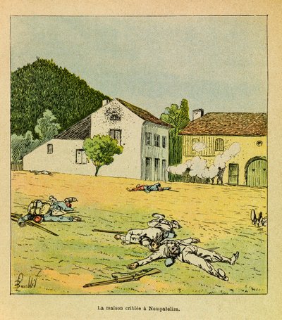Východní Armee of Eugene Sergeant, známý jako Grenest, ilustrovaný Louisem Bombledem (1862-1927) (francouzsko-německá válka; kampaň 1870-1871): prosebný dům během bitvy u Nompatelize v říjnu 1870, soukromá sbírka od Louis Charles Bombled