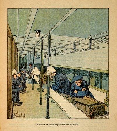 Válka na Madagaskaru - neoficiální historie francouzských expedic 1885-1895 od Henri Galli dit Galllichet (1854-1922), ilustrované Louisem Bombledem (1862-1927): Interiér nemocniční lodi repatriující nemocné vojáky, soukromá sbírka od Louis Charles Bombled
