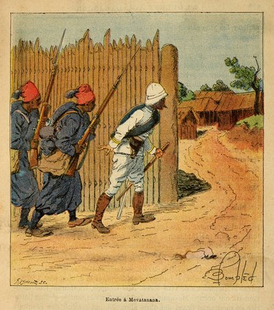 Válka na Madagaskaru - neoficiální historie francouzských expedic 1885-1895 od Henri Galli dit Galllichet (1854-1922), ilustrované Louisem Bombledem (1862-1927): Francouzské jednotky vstoupily do vesnice Mevatanana v roce 1895, Soukromá sbírka od Louis Charles Bombled