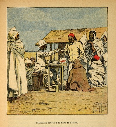 Válka na Madagaskaru - neoficiální historie francouzských expedic 1885-1895 od Henri Galli dit Galllichet (1854-1922), ilustrované Louisem Bombledem (1862-1927): Návštěva vojenského lékaře Convoyeurs Kabiles, soukromá sbírka od Louis Charles Bombled