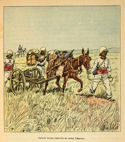 Válka na Madagaskaru – neoficiální historie francouzských expedic v letech 1885-1895 od Henri Galli dit Galllichet (1854-1922), ilustrované Louisem Bombledem (1862-1927): Hovasovy kanonie přivezené zpět do francouzského tábora, soukromá sbírka od Louis Charles Bombled