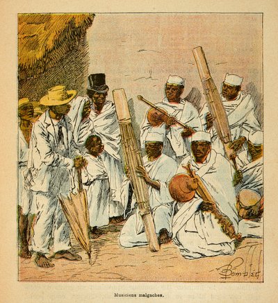 Válka na Madagaskaru - neoficiální historie francouzských expedic 1885-1895 od Henri Galli dit Galllichet (1854-1922), ilustrované Louisem Bombledem (1862-1927): Madagaskarští hudebníci v 19. století, soukromá sbírka od Louis Charles Bombled