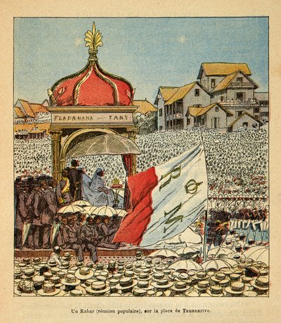 Válka na Madagaskaru-neoficiální historie francouzských expedic 1885-1895 Henri Galli dit Galllichet (1854-1922), ilustrované Louisem Bombledem (1862-1927): Kabar (lidové setkání) na náměstí Tananarive v 19. přítomnost Qu od Louis Charles Bombled