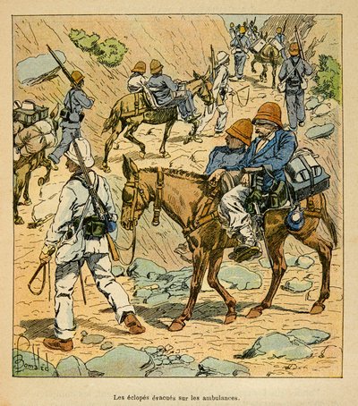 Válka na Madagaskaru – neoficiální historie francouzských expedic z let 1885-1895 od Henri Galli dit Galllichet (1854-1922), ilustrované Louisem Bombledem (1862-1927): Útěky paže na sanitkách Fortune na Madagaskaru, soukromá sbírka od Louis Charles Bombled