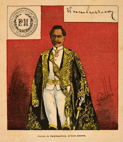 Válka na Madagaskaru-neoficiální historie francouzských expedic 1885-1895 od Henri Galli dit Galllichet (1854-1922), ilustrovaný Louis Bombled (1862-1927): Portrét předsedy vlády Rainilaiarivony (1828-1896), soukromá sbírka od Louis Charles Bombled