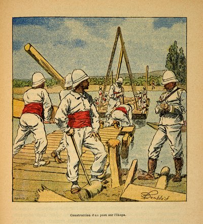 Válka na Madagaskaru - neoficiální historie francouzských expedic 1885-1895 Henri Galli dit Galllichet (1854-1922), ilustrovaný Louisem Bombledem (1862-1927): Stavba mostu džinem na řece Ikopa v roce 1895, Soukromá sbírka od Louis Charles Bombled