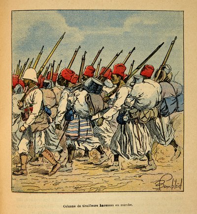 Válka na Madagaskaru - neoficiální historie francouzských expedic 1885-1895 od Henri Galli dit Galllichet (1854-1922), ilustrované Louisem Bombledem (1862-1927): Sloup Haoussas Tirailleurs pochodující v roce 1895, Soukromá sbírka od Louis Charles Bombled