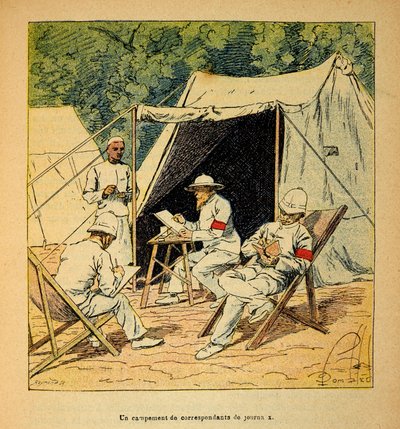 Válka na Madagaskaru - neoficiální historie francouzských expedic 1885-1895 od Henri Galli dit Galllichet (1854-1922), ilustrovaný Louisem Bombledem (1862-1927): Tábor novinových korespondentů na Madagaskaru v roce 1895, Soukromá sbírka od Louis Charles Bombled