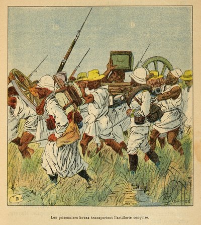 Válka na Madagaskaru – neoficiální historie francouzských expedic z let 1885-1895 od Henri Galli dit Galllichet (1854-1922), ilustrované Louisem Bombledem (1862-1927): Vězni Hovasovi přepravovali kusy dělostřelectva, soukromá sbírka od Louis Charles Bombled