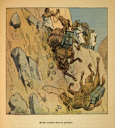 Válka na Madagaskaru - neoficiální historie francouzských expedic 1885-1895 od Henri Galli dit Galllichet (1854-1922), ilustrované Louisem Bombledem (1862-1927): Muleti vojenského konvoje padajícího do propasti, Zvláštní sbírka od Louis Charles Bombled