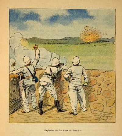 Válka na Madagaskaru-neoficiální historie francouzských expedic 1885-1895 od Henri Galli dit Galllichet (1854-1922), ilustrované Louisem Bombledem (1862-1927): Exploze Fort Hova ve Farafate v roce 1895, soukromá sbírka od Louis Charles Bombled