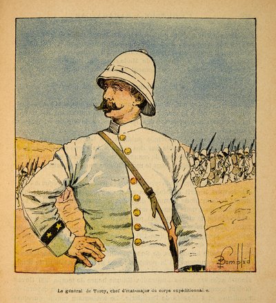 Válka na Madagaskaru-neoficiální historie francouzských expedic 1885-1895 od Henri Galli dit Galllichet (1854-1922), ilustrovaný Louis Bombled (1862-1927): Portrét generála De Torcy (1844-1918), náčelníka štábu expedičního sboru v Madagu od Louis Charles Bombled