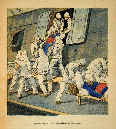 Válka na Madagaskaru – neoficiální historie francouzských expedic v letech 1885-1895 od Henri Galli dit Galllichet (1854-1922), ilustrovaná Louisem Bombledem (1862-1927): Vylodění nemocných jednotek nemocniční lodi v roce 1895 do Alžíru „Shamrock“ od Ma od Louis Charles Bombled