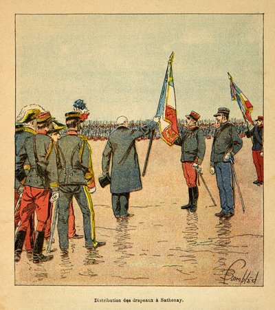 Válka na Madagaskaru - neoficiální historie francouzských expedic 1885-1895 od Henri Galli dit Galllichet (1854-1922), ilustrovaná Louisem Bombledem (1862-1927): Distribuce vlajek v Sathonay jednotkám odjíždějícím na Madagaskar v roce 1895 prez od Louis Charles Bombled
