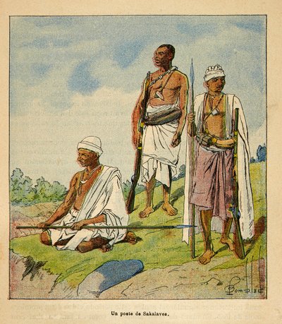 Válka na Madagaskaru - neoficiální historie francouzských expedic 1885-1895 od Henri Galli dit Galllichet (1854-1922), ilustrované Louisem Bombledem (1862-1927): Warrior Sakalavas, Soukromá sbírka od Louis Charles Bombled
