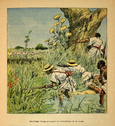 Válka na Madagaskaru – neoficiální historie francouzských expedic v letech 1885-1895 od Henri Galli dit Galllichet (1854-1922), ilustrované Louisem Bombledem (1862-1927): Hovas Tirailleurs útočící na vojenskou budovu a silnici v roce 1895, Soukromá sbírka od Louis Charles Bombled