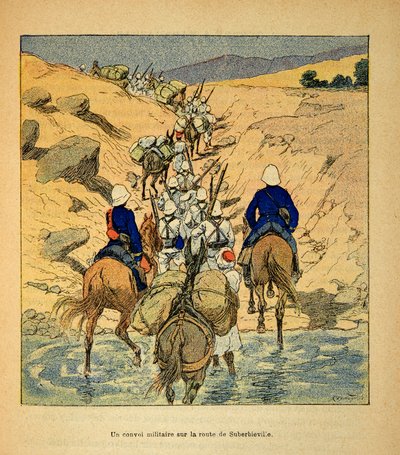 Válka na Madagaskaru - neoficiální historie francouzských expedic 1885-1895 od Henri Galli dit Galllichet (1854-1922), ilustrované Louisem Bombledem (1862-1927): vojenský konvoj na cestě do Suberbieville v roce 1895, Soukromá sbírka od Louis Charles Bombled