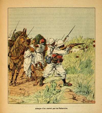 Válka na Madagaskaru – neoficiální historie francouzských expedic z let 1885-1895 od Henri Galli dit Galllichet (1854-1922), ilustrované Louisem Bombledem (1862-1927): Útok vojenského konvoje Fahavolos, soukromá sbírka od Louis Charles Bombled
