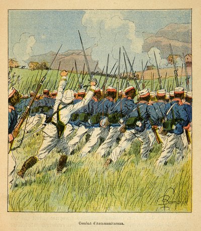 Válka na Madagaskaru-neoficiální historie francouzských expedic 1885-1895 od Henri Galli dit Galllichet (1854-1922), ilustrované Louisem Bombledem (1862-1927): Francouzské jednotky během bitev Antanamitarana v roce 1895, soukromá sbírka od Louis Charles Bombled