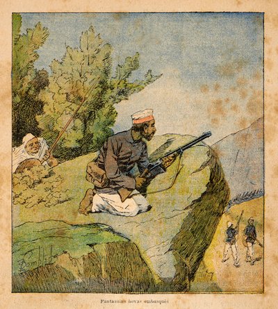 Válka na Madagaskaru - neoficiální historie francouzských expedic 1885-1895 od Henri Galli dit Galllichet (1854-1922), ilustrované Louisem Bombledem (1862-1927): Hovas Ambushes, Soukromá sbírka od Louis Charles Bombled
