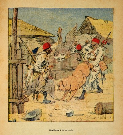 Válka na Madagaskaru - neoficiální historie francouzských expedic 1885-1895 od Henri Galli dit Galllichet (1854-1922), ilustrované Louisem Bombledem (1862-1927): Looting of Tirailleurs in Farms, Private Collection od Louis Charles Bombled