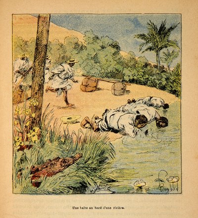 Válka na Madagaskaru - neoficiální historie francouzských expedic 1885-1895 od Henri Galli dit Galllichet (1854-1922), ilustrovaný Louisem Bombledem (1862-1927): Zastávka u řeky v roce 1895, soukromá sbírka od Louis Charles Bombled