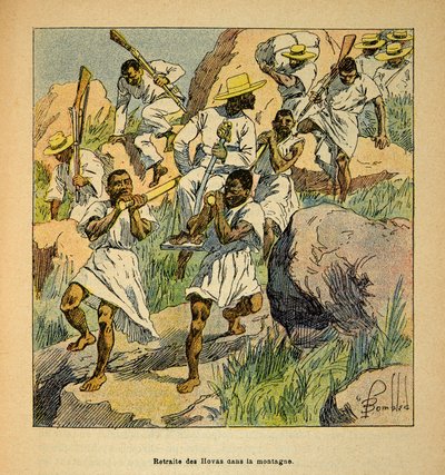 Válka na Madagaskaru - neoficiální historie francouzských expedic 1885-1895 od Henri Galli dit Galllichet (1854-1922), ilustrované Louisem Bombledem (1862-1927): Ústup Hovasových vojsk v horách, soukromá sbírka od Louis Charles Bombled