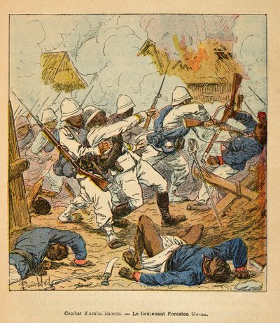 Válka na Madagaskaru - neoficiální historie francouzských expedic 1885-1895 od Henri Galli dit Galllichet (1854-1922), ilustrované Louisem Bombledem (1862-1927): Zranění poručíka Forestona během bitev u Ambolomonty v roce 1895, Soukromá sbírka od Louis Charles Bombled