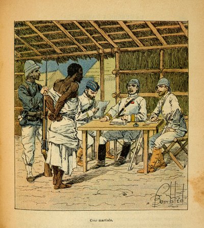 Válka na Madagaskaru - neoficiální historie francouzských expedic 1885-1895 Henri Galli dit Galllichet (1854-1922), ilustrovaný Louisem Bombledem (1862-1927): Výslech vězně Hovas Francouzi, soukromá sbírka od Louis Charles Bombled