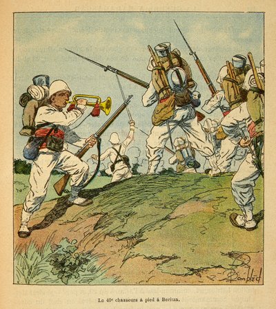 Válka na Madagaskaru - neoficiální historie francouzských expedic 1885-1895 od Henri Galli dit Galllichet (1854-1922), ilustrované Louisem Bombledem (1862-1927): 40. pěší lovci během bojů v Beritze v roce 1895, vojín Sbírka od Louis Charles Bombled