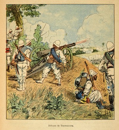 Válka na Madagaskaru - neoficiální historie francouzských expedic 1885-1895 od Henri Galli dit Galllichet (1854-1922), ilustrovaný Louis Bombled (1862-1927): Obrana Tsarasaotry v roce 1895, soukromá sbírka od Louis Charles Bombled