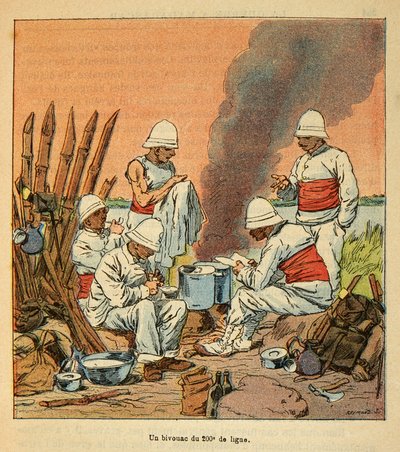 Válka na Madagaskaru - neoficiální historie francouzských expedic 1885-1895 od Henri Galli dit Galllichet (1854-1922), ilustrované Louisem Bombledem (1862-1927): Bivak 200. linie na Madagaskaru v roce 1895, Soukromá sbírka od Louis Charles Bombled