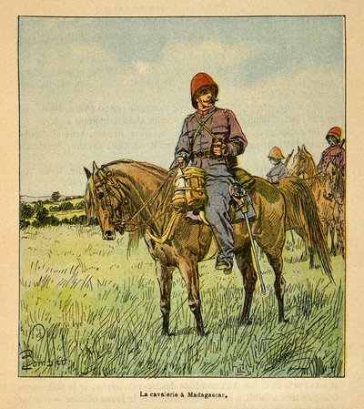 Válka na Madagaskaru – neoficiální historie francouzských expedic v letech 1885-1895 od Henri Galli dit Galllichet (1854-1922), ilustrované Louisem Bombledem (1862-1927): La cavalerie francaise à Madagascar, Collection Partial od Louis Charles Bombled
