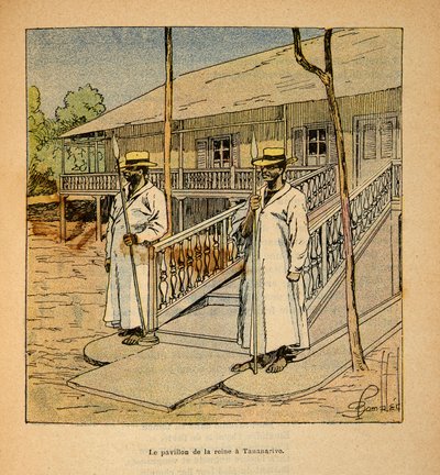 Válka na Madagaskaru – neoficiální historie francouzských expedic 1885-1895 od Henri Galli dit Galllichet (1854-1922), ilustrovaný Louisem Bombledem (1862-1927): Pavilon královny Ranavalony v Tananarivu v roce 1895, soukromá sbírka od Louis Charles Bombled