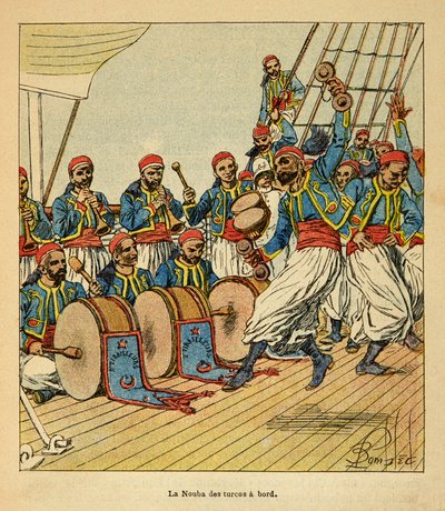 Válka na Madagaskaru – neoficiální historie francouzských expedic v letech 1885-1895 od Henri Galli dit Galllichet (1854-1922), ilustrované Louisem Bombledem (1862-1927): Devět Turků na palubě lodi plující na Madagaskar, soukromá sbírka od Louis Charles Bombled
