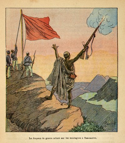 Válka na Madagaskaru – neoficiální historie francouzských expedic z let 1885-1895 od Henri Galli dit Galllichet (1854-1922), ilustrované Louisem Bombledem (1862-1927): Závod na malgašskou Rudou válečnou vlajku v pohoří Tananarive, soukromá sbírka od Louis Charles Bombled
