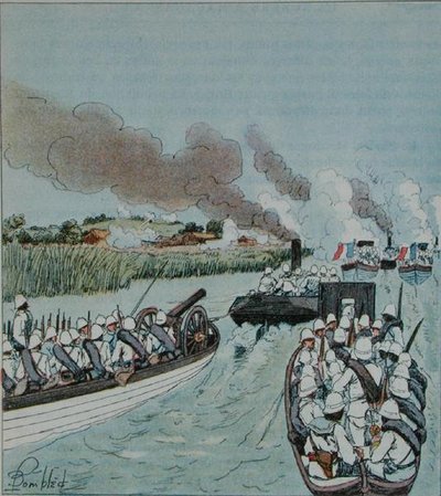 Útok flotily na Marovoay na Madagaskaru z „La Guerre a Madagaskar“ od H. Galliho od Louis Charles Bombled