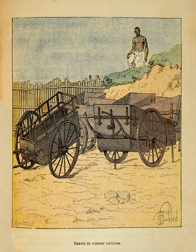 Válka na Madagaskaru-neoficiální historie francouzských expedic 1885-1895 Henri Galli dit Galllichet (1854-1922), ilustrovaný Louisem Bombledem (1862-1927): Konvoj automobilů, které Lefebvre používá pro zásobování vojáků, Soukromá sbírka od Louis Charles Bombled