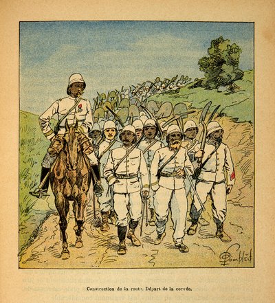 Válka na Madagaskaru - neoficiální historie francouzských expedic 1885-1895 od Henri Galli dit Galllichet (1854-1922), ilustrovaný Louisem Bombledem (1862-1927): Stavba silnice na Madagaskaru, začátek davu, soukromá sbírka od Louis Charles Bombled