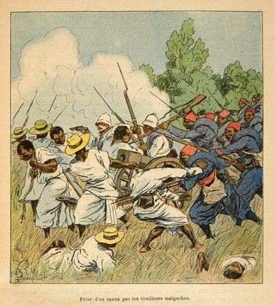 Válka na Madagaskaru - Neoficiální historie francouzských expedic v letech 1885-1895 od Henri Galli dit Galllichet (1854-1922), ilustrované Louisem Bombledem (1862-1927): Malgaši se zmocnili dělo během bitev Ambolomonty v roce 1895, Soukromá sbírka od Louis Charles Bombled