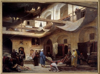 Kobercový bazar v Khan-Khabil v Káhiře v roce 1866. Obraz Louis Claude Mouchot (1830-1891) od Louis Claude Mouchot