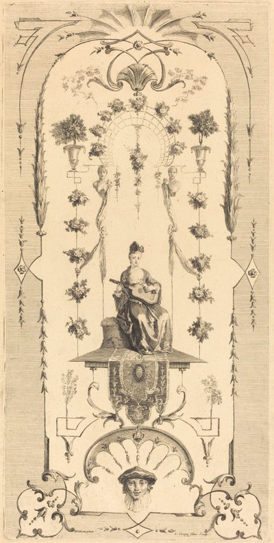 Sedící žena hrající na kytaru od Louis Crépy after Antoine Watteau