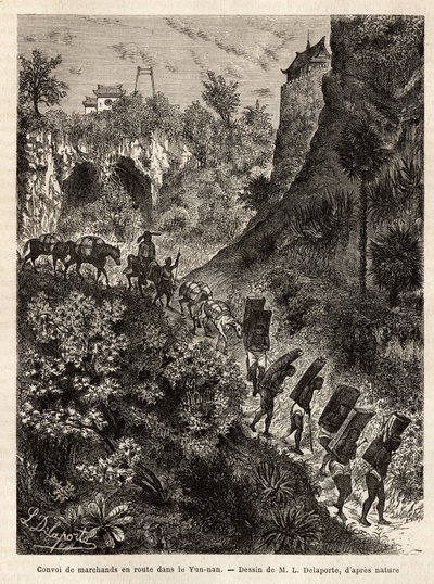 Konvoj obchodníků a jejich nosičů na cestě do Yunnanu (Čína), vyrytý podle kresby L.Delaporteho, pro ilustraci průzkumné cesty v Indočíně od Francise Garniera, poručíka lodi, v letech 1866-1868, publikované v „“ Le tour du monde”” 187 od Louis Delaporte