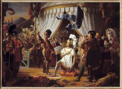 František I. Francouzský žádá, aby byl rytířem Bayardem pasován na rytíře po vítězství v bitvě u Marignana, Itálie, 1515 - od Louis Ducis
