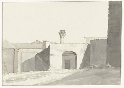 Antieke zuil en gebouwen v přístavu van Brindisi Vzdálený pohled na antický sloup [na přístav Brindisi] Cesty po Itálii, Sicílii a Maltě - 1778 (název série) od Louis Ducros