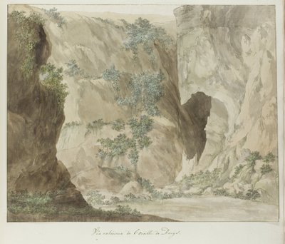 Buitenwand van de grot Dionysiovo ucho Vnější pohled na Dionýsovo ucho (titul na předmětu) Cesty po Itálii, Sicílii a Maltě - 1778 (název série) od Louis Ducros