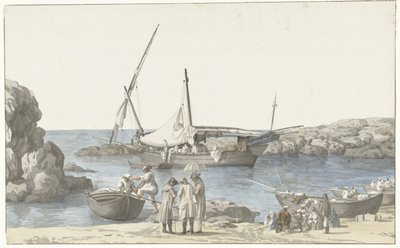 Gezicht op Taranto en Haven van Luogo Vivo Pohled na naši budovu Tarentin a přístav předchozího uzemnění č. (název na objektu) Cesty po Itálii, Sicílii a Maltě - 1778 (název série) od Louis Ducros