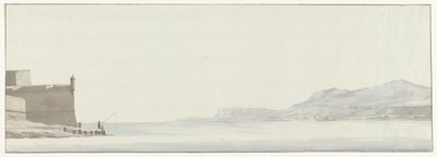 Gezicht op de kust van Calabrië vanaf het uiterste punt van de vesting Messina Pohled na pobřeží Kalábrie z vnějšího rohu citadely Messina (název na objektu) Cesty po Itálii, Sicílii a Maltě - 1778 (název série) od Louis Ducros