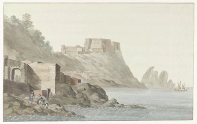 Říhání ve městě Scilla in de regio Calabrië aan de oostkust Rock & Town of Scilla v Kalábrii; pohled z východní strany (nadpis na objektu) Cesty po Itálii, Sicílii a Maltě - 1778 (název série) od Louis Ducros